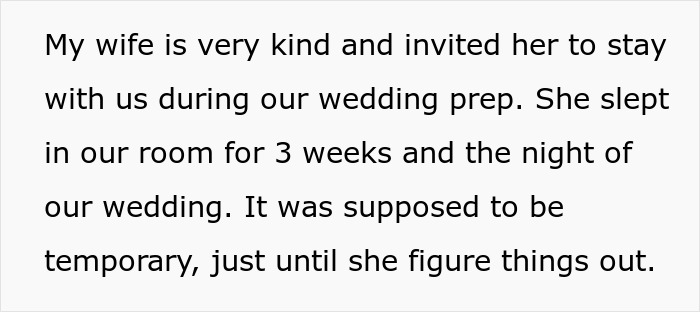 Text excerpt describing a homeless friend moving in temporarily with a couple during wedding preparations.