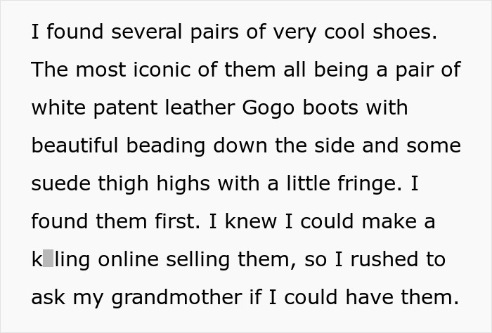 Vegan sister wearing grandma&rsquo;s leather shoes, causing a family disagreement over plans to sell them online.