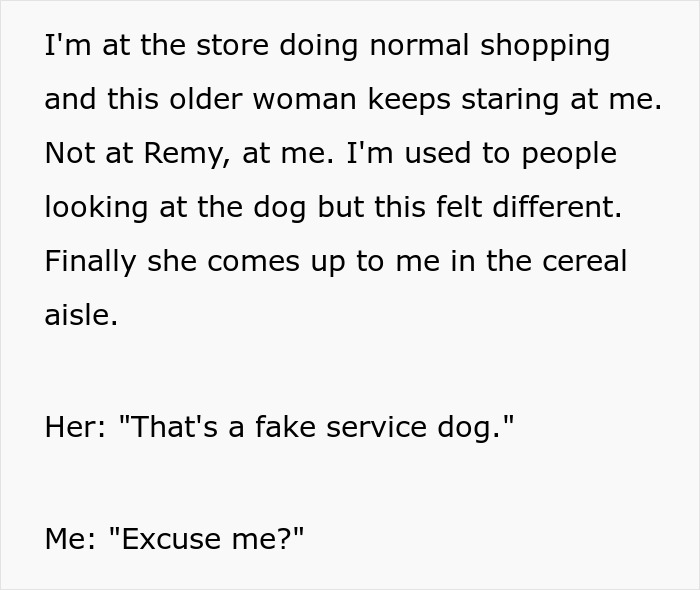 Shopper confronted in store for service dog fraud accusation, moment of tension and plea for forgiveness follows.