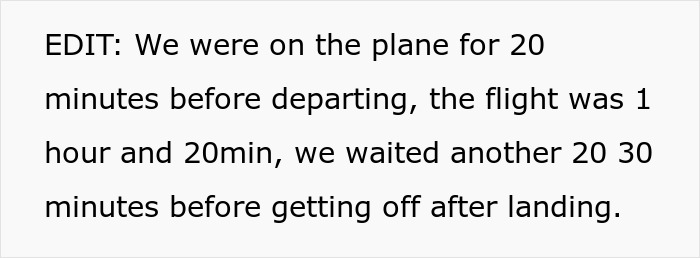 Text discussing flight duration and waiting times on a plane before departure, during, and after landing.