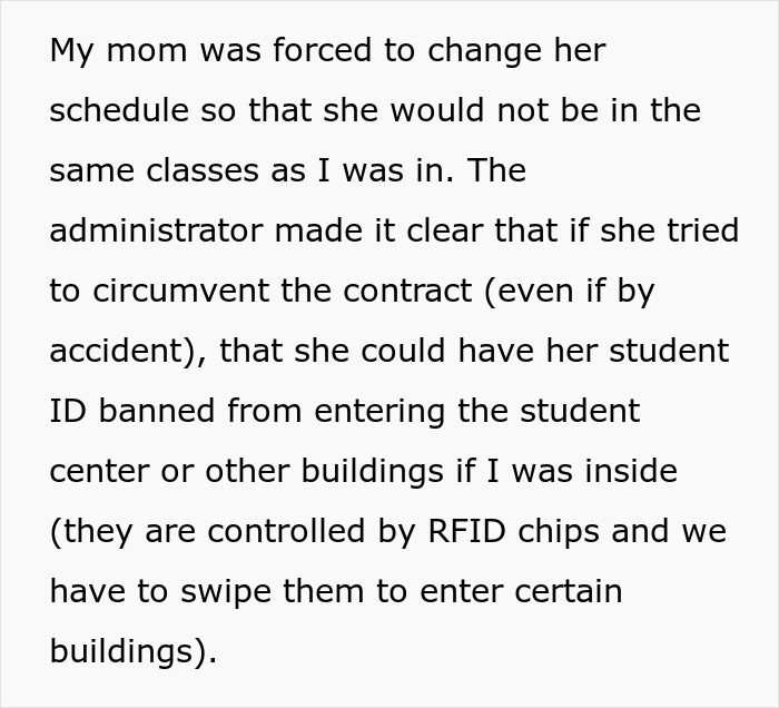 Text excerpt discussing parents lied about food allergies and resulting no contact rules involving student ID restrictions.