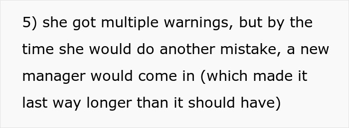 Text excerpt discussing a woman receiving multiple warnings from bakery managers before making a mistake.