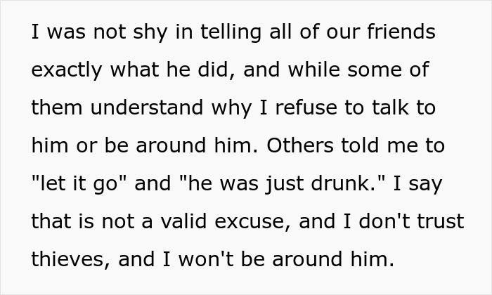 Text excerpt showing a man refusing to forgive his ex-friend who stole money, still calling him a thief years later.