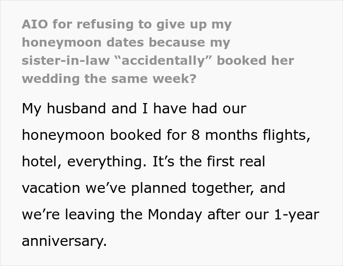 Text excerpt discussing a couple&rsquo;s honeymoon plans disrupted by a selfish sister-in-law&rsquo;s surprise wedding.