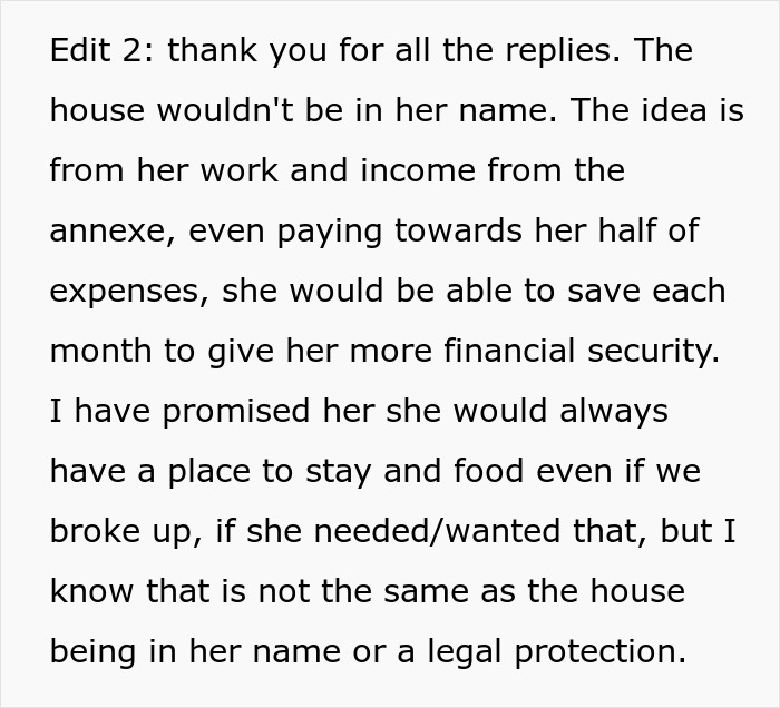 Text excerpt discussing financial arrangements after boyfriend buys house, highlighting woman refuses to contribute to bills.