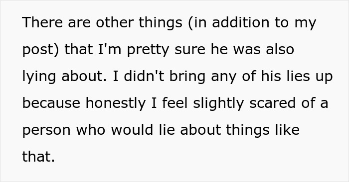 Text discussing suspicion that a guy may be lying about attending medical school and the woman's fear of his dishonesty.