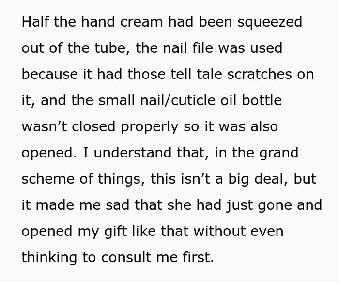 Text describing stepsister&rsquo;s gifts being used without permission, causing family conflict and boundary setting issues.