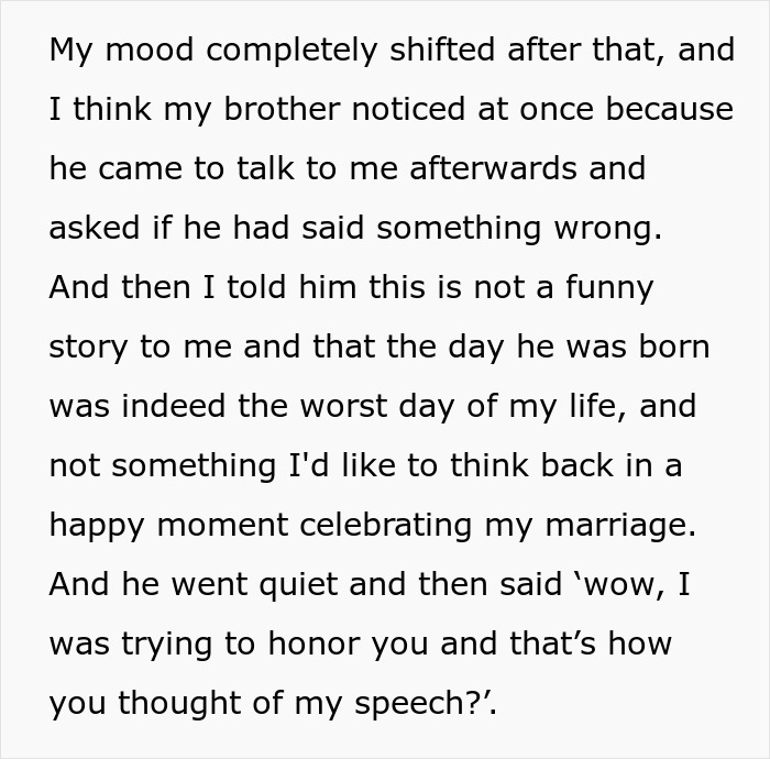 Text excerpt showing a woman expressing how she made her brother feel like she hates him after he thanks her for delivering him.