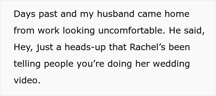 Text excerpt showing a woman refusing to film her husband&rsquo;s coworker&rsquo;s wedding video for free, causing conflict.
