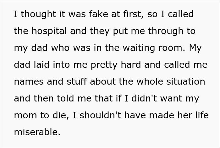 Text excerpt showing a distressing conversation related to parents lying about food allergies and no contact with daughter.