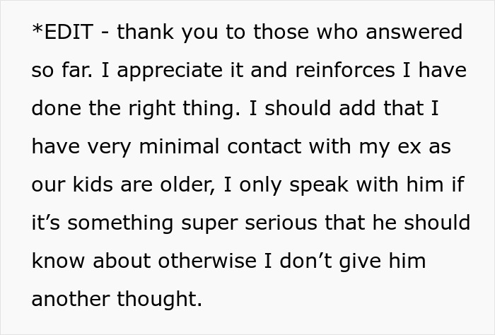 Text excerpt from a man during divorce, sharing thoughts about minimal contact with cheating ex and siding with daughter&rsquo;s ex.