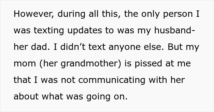 Text excerpt showing a mother accusing daughter of kidnapping after no updates during child&rsquo;s procedure.