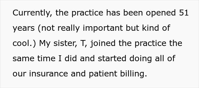 Text excerpt about a doctor's practice and sister handling insurance and patient billing details.