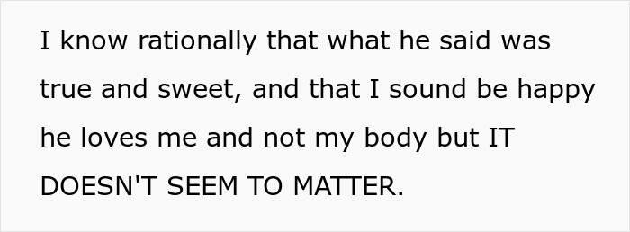 Text excerpt from wife hears husband admit that she&rsquo;s ugly, expressing emotional conflict about appearance and love not seeming to matter.
