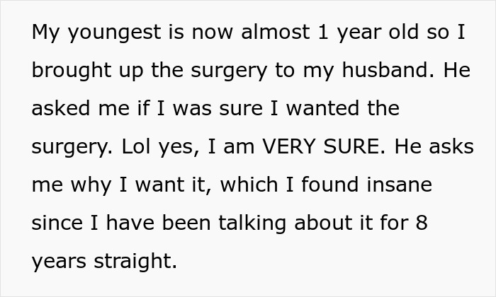 Text excerpt showing a woman discussing her long desire for tummy tuck surgery and her husband's reaction.