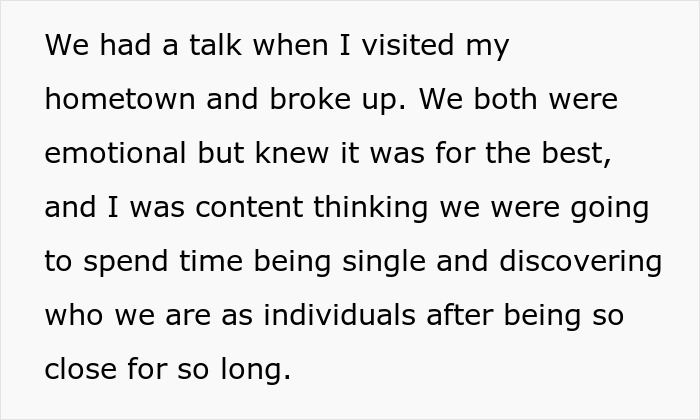 Text describing an emotional moment during a relationship break every year, reflecting on individuality and growth.
