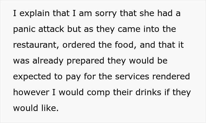 Text excerpt discussing an autistic woman having a panic attack at a restaurant and issues with payment expectations.