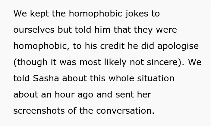 Text excerpt discussing homophobic jokes, apology, and sharing screenshots related to masculinity so fragile and relationship issues.