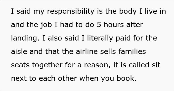 Text on a white background discussing responsibility for one&rsquo;s body, paying for an aisle seat, and airline seating policies for families.