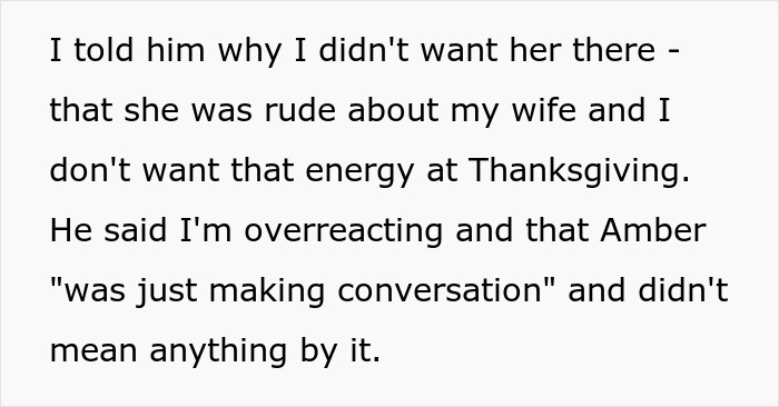 Text discussing a man setting boundaries when his brother&rsquo;s girlfriend mocks his wife, causing family tension at Thanksgiving.