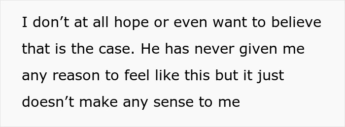 Text excerpt with a woman suspecting her fianc&eacute; is hiding a secret kid, expressing doubt and confusion about kids' clothing found.