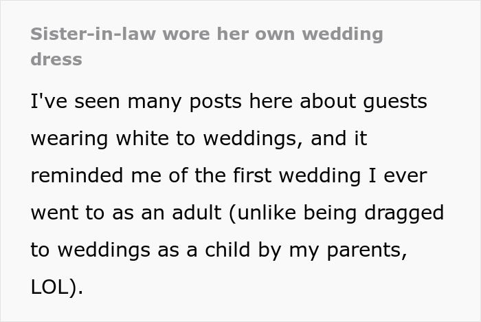 Guest wearing own wedding dress causing controversy at a formal wedding event with family and friends.