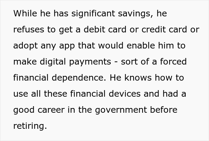 Text about financial dependence and refusal to adopt digital payment methods highlighting manipulative parents exploiting their adult daughter financially and emotionally.