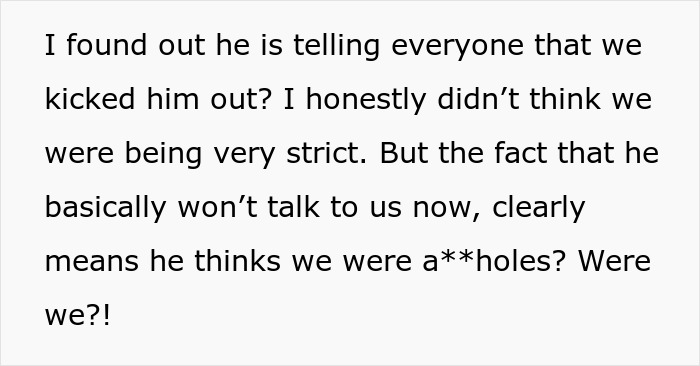 Text excerpt from a parent explaining their 20-year-old child was kicked out after stealing money and refusing to communicate.