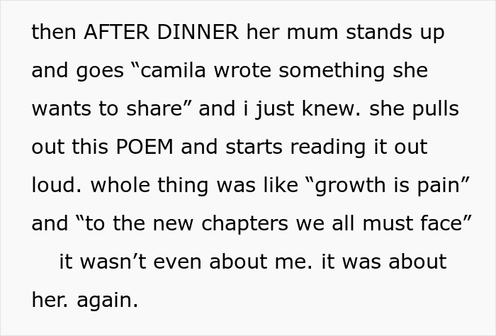 Text excerpt showing a teen&rsquo;s frustration as golden child cousin turns celebration into her own show.