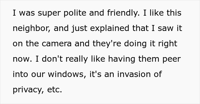 Text excerpt discussing a neighbor blaming a woman for wanting privacy while kids peek through windows.