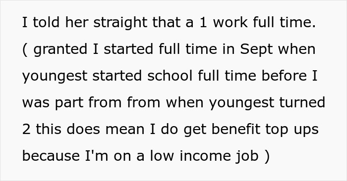Text message conversation discussing working full-time and low income benefits related to mom abandoning kids and sister.