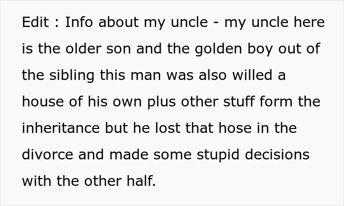 Text explaining an entitled brother&rsquo;s house inheritance, divorce, and decisions affecting his share of the property.
