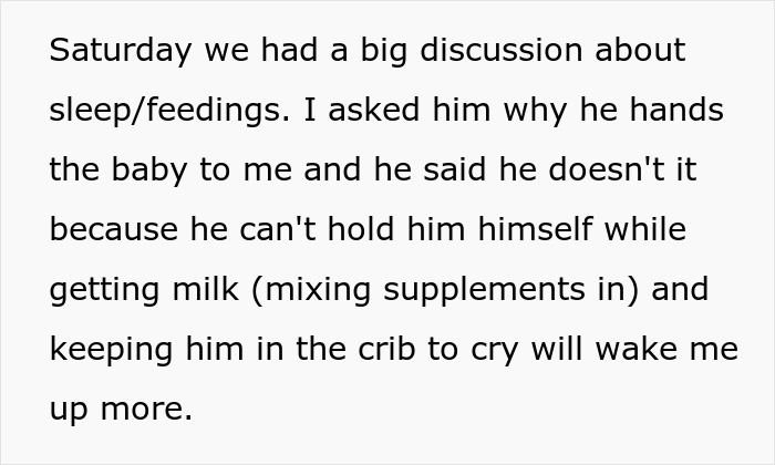Text discussing a burnt-out wife asking her husband to feed the baby once a night, highlighting frustration with his inability. Text discussing a burnt-out wife asking her husband to feed the baby once a night, highlighting frustration with his inability.
