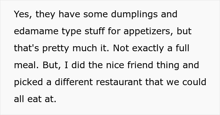 Text excerpt discussing appetizers and a friend choosing a restaurant for the group in a dinner invitation scenario.