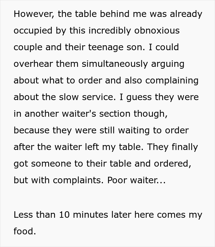 Text excerpt describing an obnoxious couple arguing at a restaurant before a dad steals a spicy chicken sandwich for his kid.