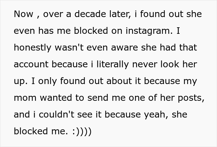 Text about sibling cutting off contact for over a decade and blocking on Instagram, with parents ignoring the issue.