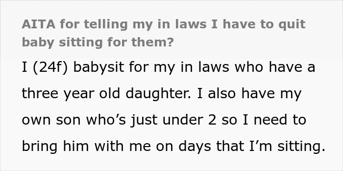 Text post discussing parents guilt-tripping daughter-in-law for refusing to be their cheap babysitter.