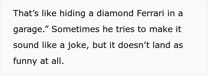 Text showing frustration about hiding a diamond Ferrari, highlighting awkward family dynamics and a wife removing wedding ring.