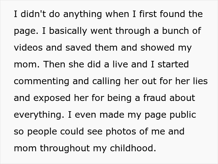 Text excerpt showing a teen calling out stepmom&rsquo;s hypocrisy and lies online by sharing videos and photos publicly.