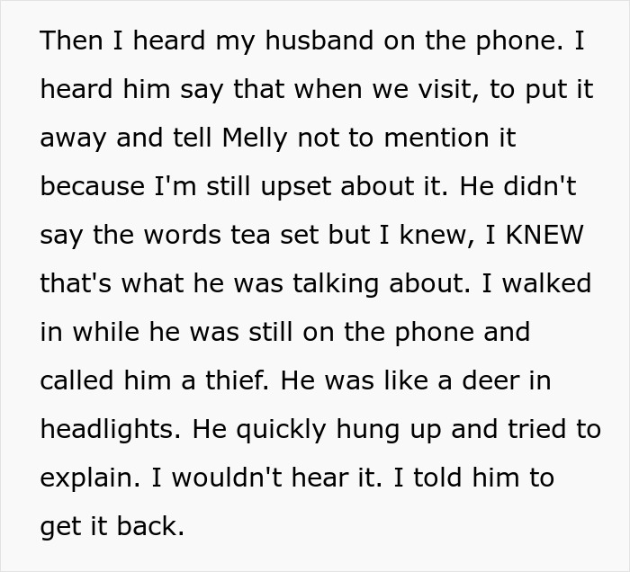 Text showing a wife overhearing her husband discussing hiding the stolen tea set he gave to his niece, causing marital conflict.