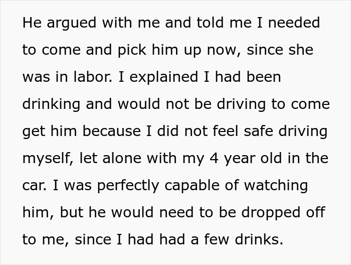 Text excerpt explaining a mom refusing to drive drunk to pick up her child while ex argues amid girlfriend's labor.