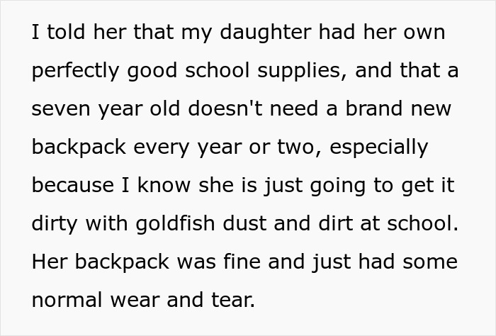 Text excerpt discussing a single mom's perspective on school supplies and spending priorities after plastic surgery.