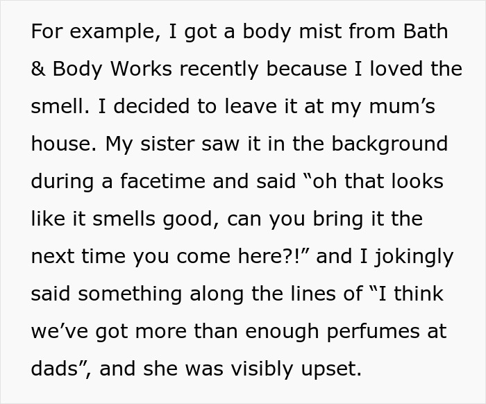 Text excerpt from a family conflict story about a 13-year-old using stepsister's gifts without permission.