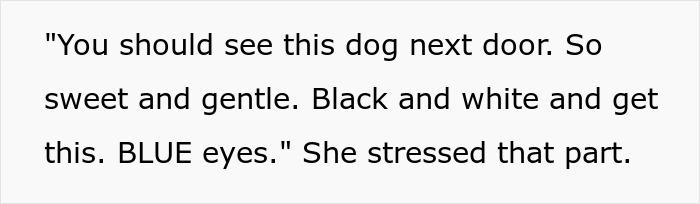 Text about a dog with black and white fur and blue eyes, related to elderly lady allegedly planning to steal neighbor&rsquo;s doggo.