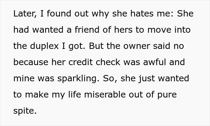 Text excerpt explaining tenant conflict and landlord's decision due to credit checks in an on-site landlord situation.