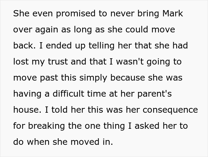 Text excerpt describing a man confronting his girlfriend about breaking trust by secretly inviting her criminal ex to his house.