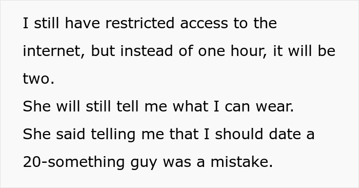 Text about stepmother control over internet access, clothing, and dating choices in a family relationship context. Text about stepmother control over internet access, clothing, and dating choices in a family relationship context.