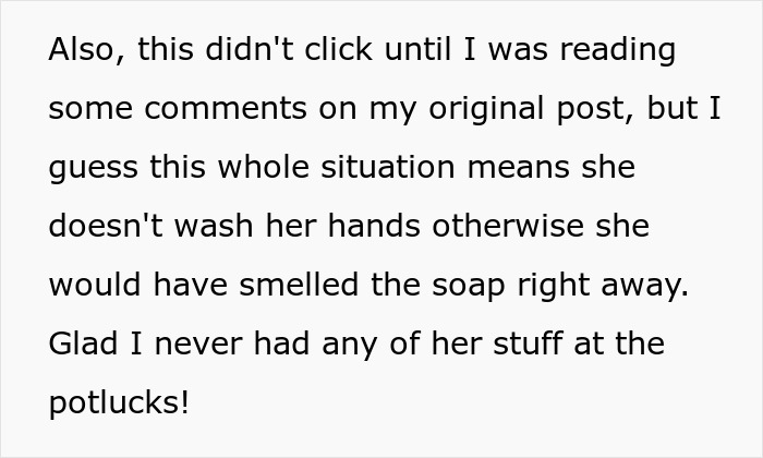 Text about a coworker sensitive to smells, guessing she stops washing hands to avoid soap scent detection. Text about a coworker sensitive to smells, guessing she stops washing hands to avoid soap scent detection.