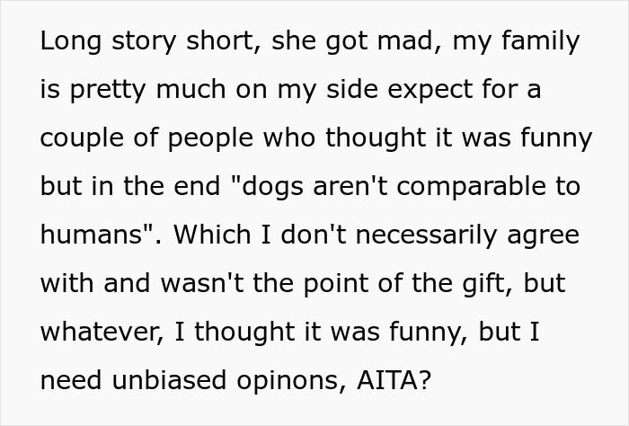 Text post about a man trolling his sister by gifting a photo of his dog instead of kid&rsquo;s photos, sparking fury.