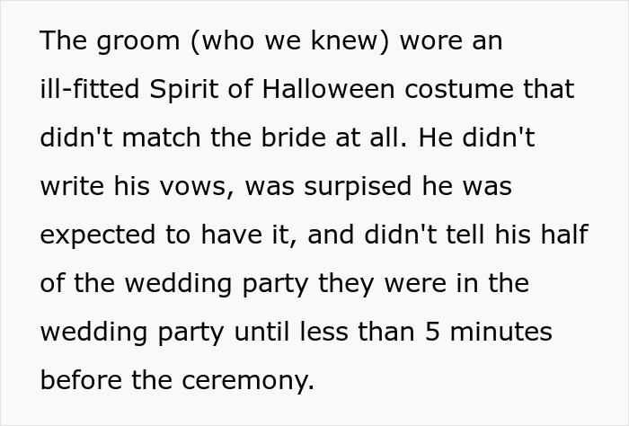 Ill-fitted Halloween wedding costume worn by groom, mismatched with bride, causing disappointment and anger at the event.